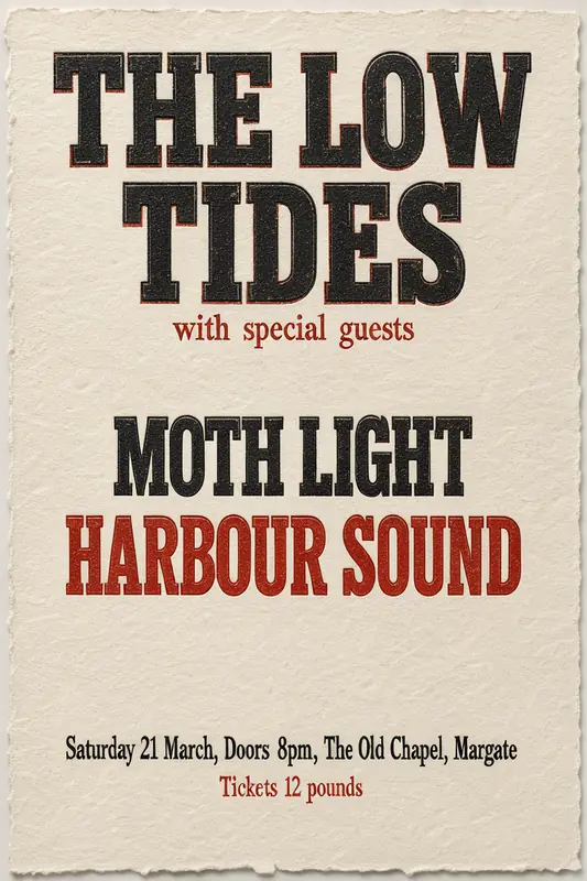 FLUX.3 Klein: Letterpress gig poster THE LOW TIDES