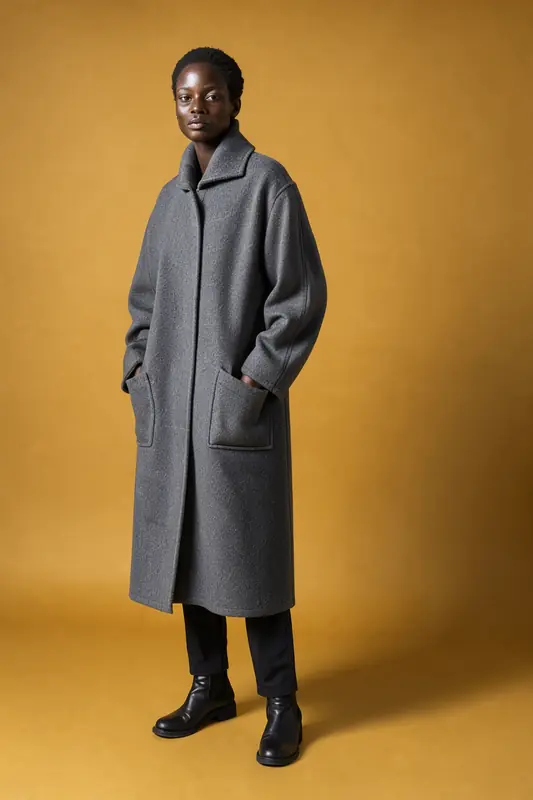 FLUX.3 Klein: Grey wool coat fashion editorial