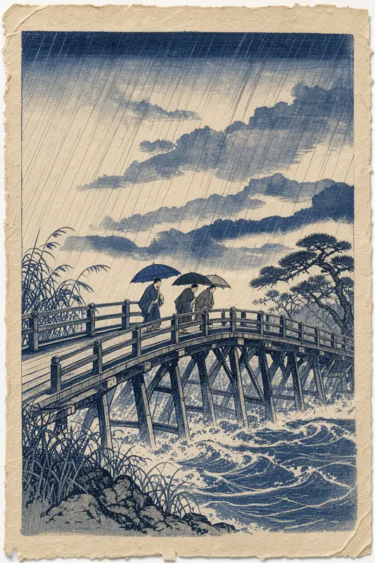 FLUX.3 Klein: Hiroshige woodblock rain on a bridge