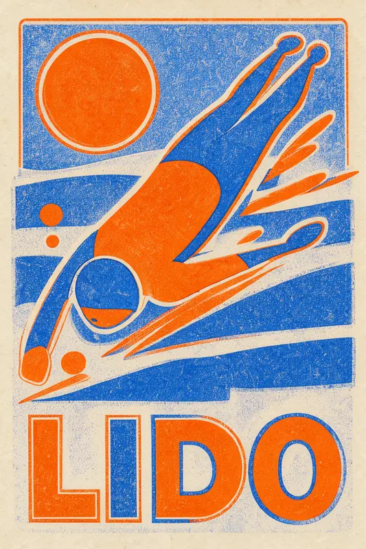 FLUX.3 Klein: Risograph LIDO swimmer poster