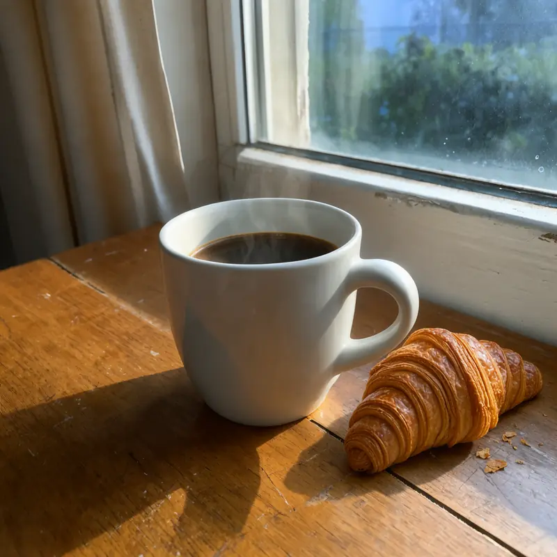 FLUX.3 Klein: Coffee and a croissant added to a mug shot