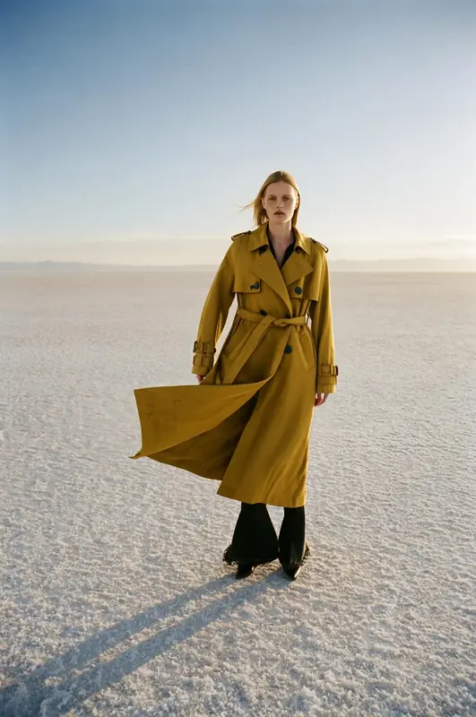 FLUX.3 Klein: Mustard trench coat on a salt flat