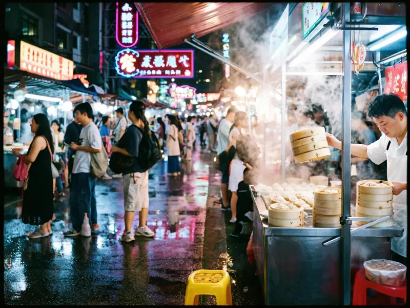 FLUX.3 Klein: Night market dumpling stall in the rain