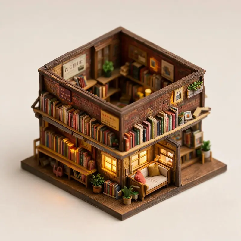 FLUX.3 Klein: Isometric bookshop diorama