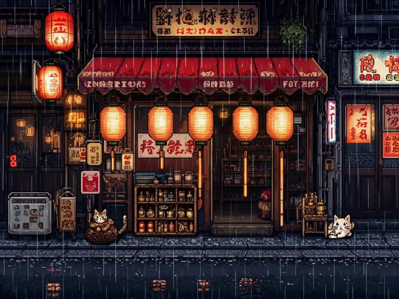 FLUX.3 Klein: Pixel-art ramen street in the rain