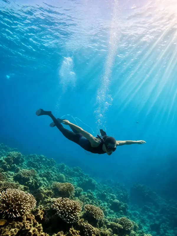 FLUX.3 Klein: A freediver gliding above a coral reef