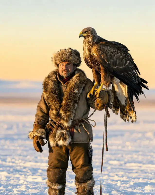 FLUX.3 Klein: An eagle hunter holding a golden eagle at golden hour