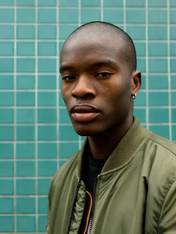 FLUX.3 Klein: Portrait of a young man in an olive bomber against teal tiles