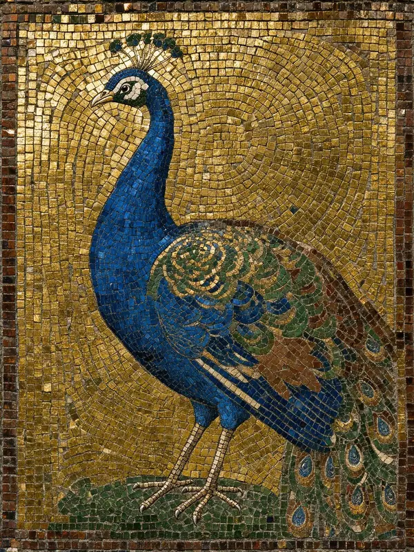 FLUX.3 Klein: Byzantine mosaic of a peacock in blue and gold