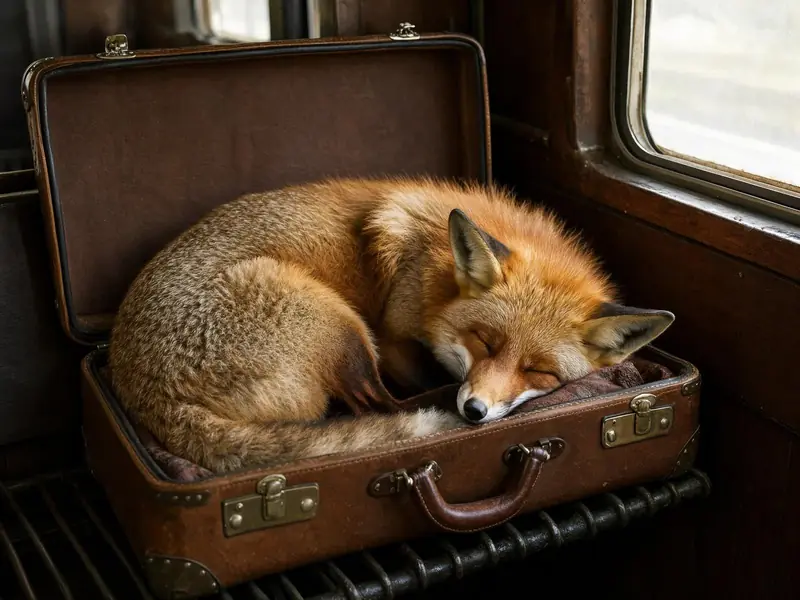 FLUX.3 Klein: A red fox asleep in a vintage suitcase on a train