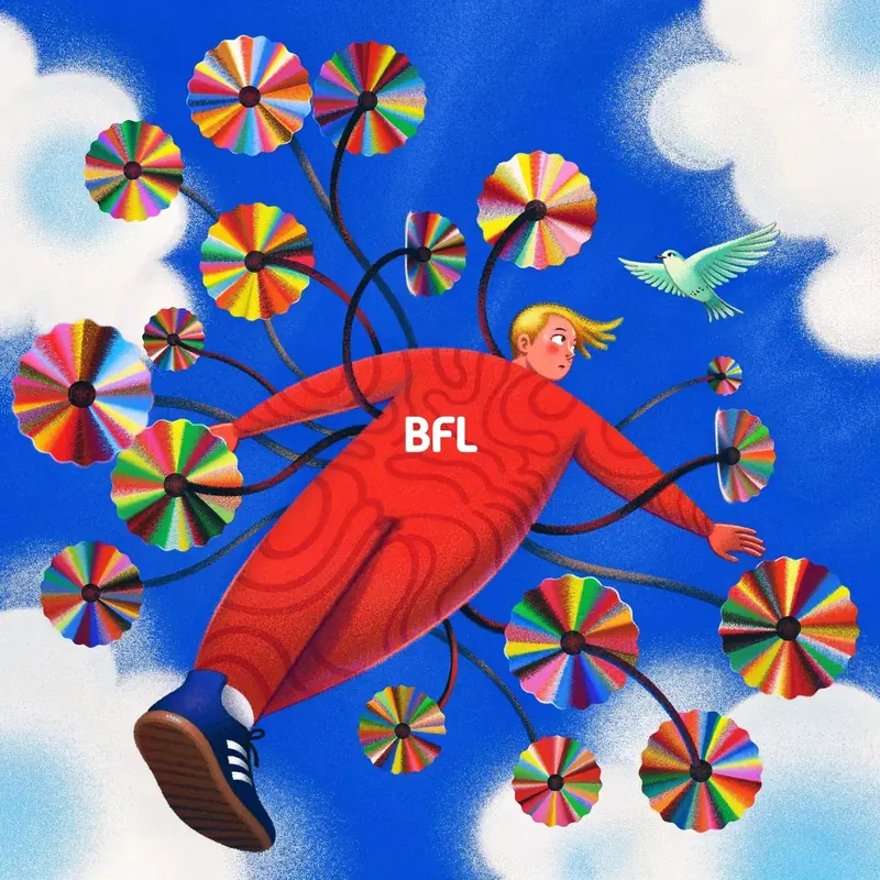FLUX.3 Klein: A figure in red floating among rainbow pinwheels