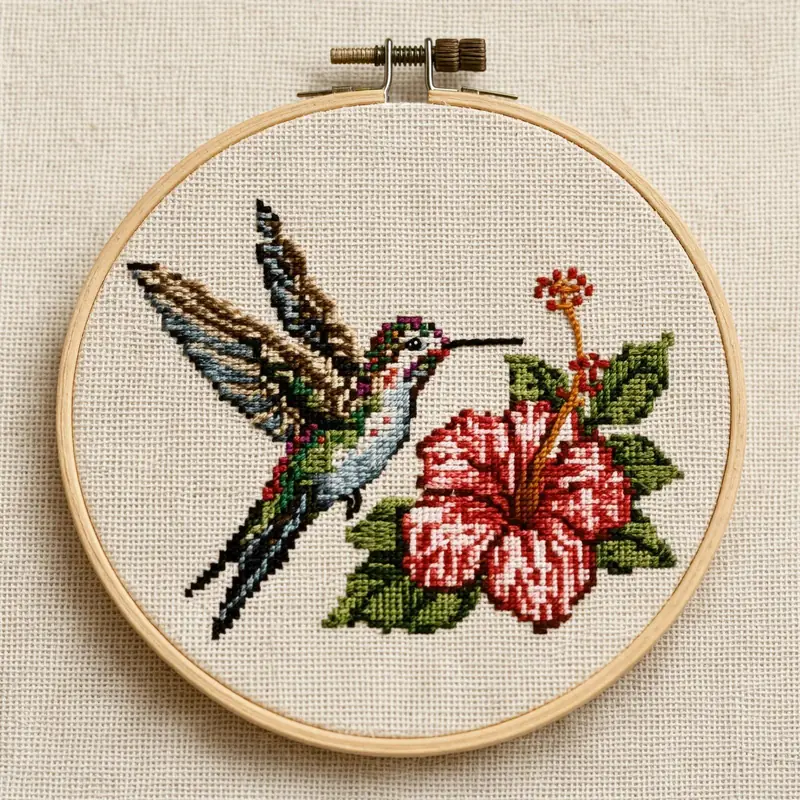 FLUX.3 Klein: Cross-stitch hummingbird and hibiscus in an embroidery hoop