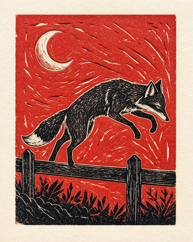 FLUX.3 Klein: Red and black linocut of a fox leaping a fence