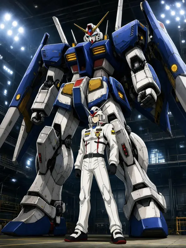 FLUX.3 Klein: Anime pilot in front of a giant mecha in a hangar