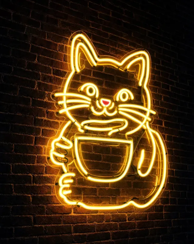 FLUX.3 Klein: Neon sign of a cat holding a coffee cup on a brick wall