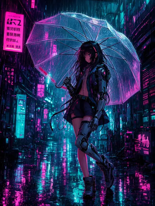FLUX.3 Klein: Anime figure with a clear umbrella in a neon street