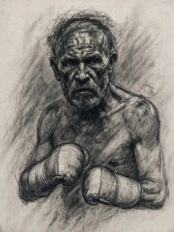 FLUX.3 Klein: Charcoal sketch of an old boxer with taped hands