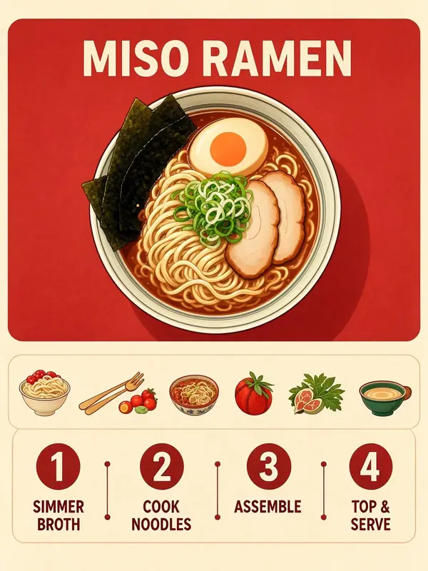 FLUX.3 Klein: Miso ramen recipe infographic in four steps