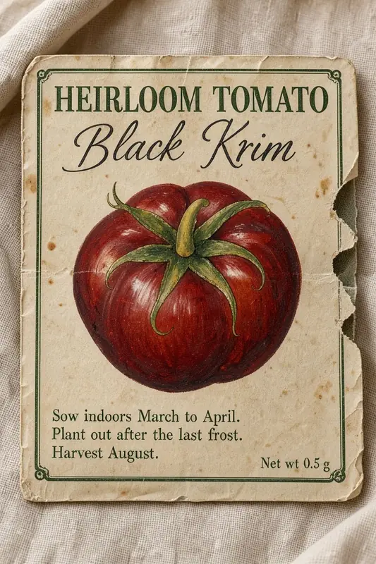 FLUX.3 Klein: Vintage seed packet reading HEIRLOOM TOMATO Black Krim