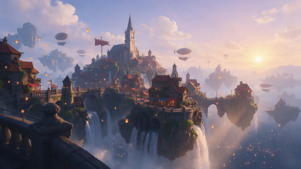 Floating island village concept art at golden hour