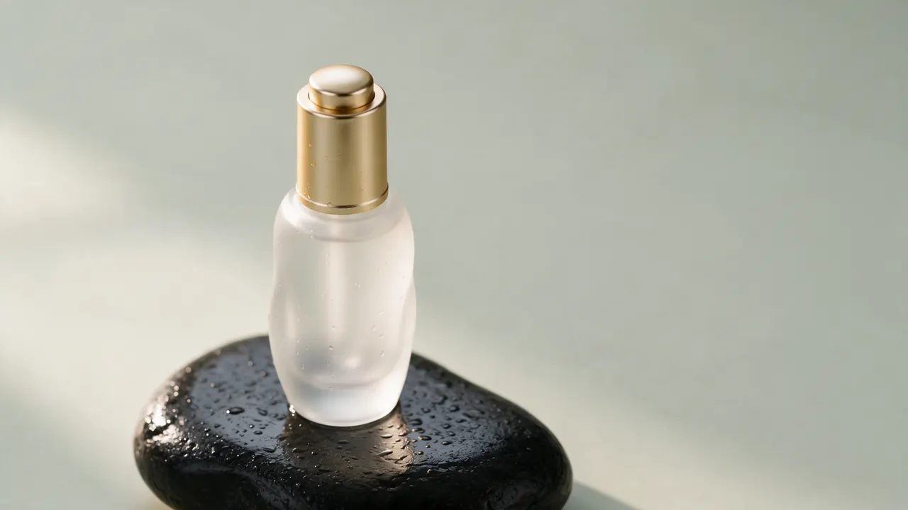 Frosted serum bottle on a wet black stone, product photo