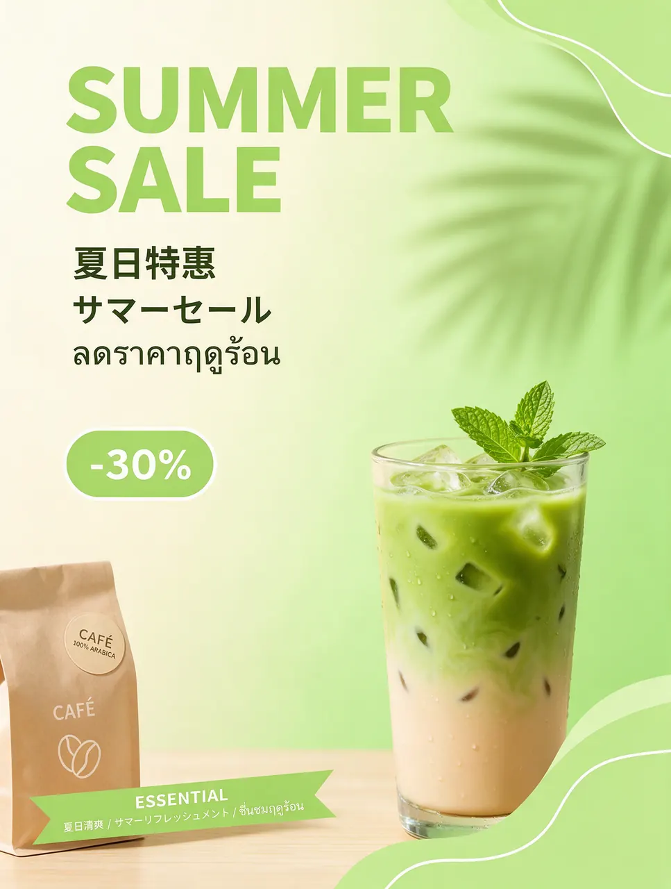 Café summer sale poster with English, Chinese, Japanese and Thai text
