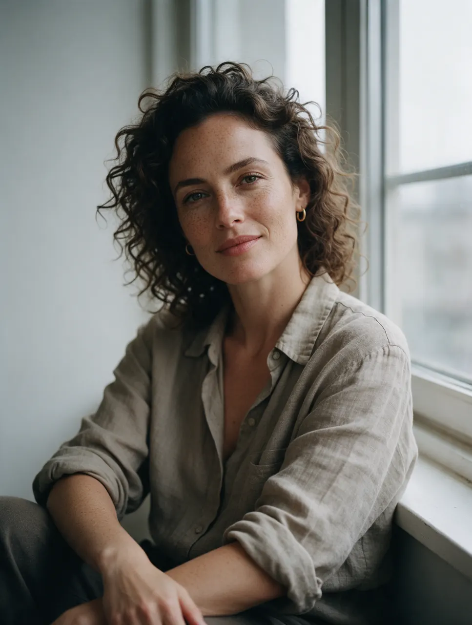 Realistic window-light portrait of a woman with freckles