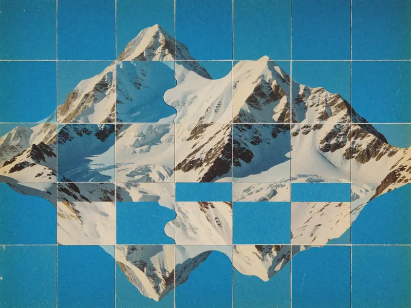 Krea 2 Turbo: Analog collage of a snowy mountain grid
