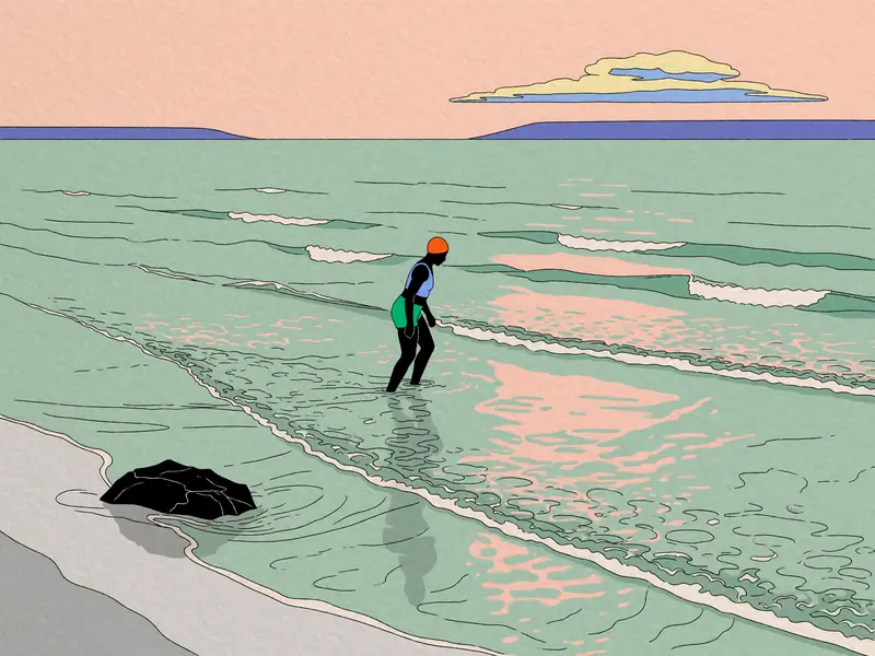 Krea 2 Turbo: Flat-colour figure wading through waves