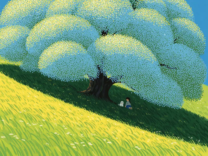 Krea 2 Turbo: A figure and a white dog under a giant tree
