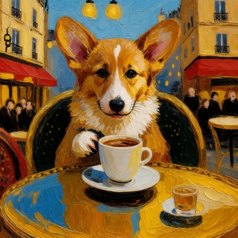 Krea 2 Turbo + style reference: Corgi at a Paris cafe, from a style reference