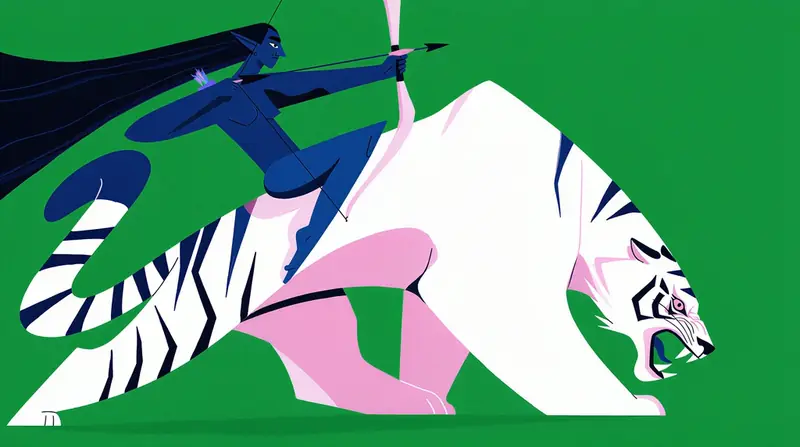 Krea 2 (tier not stated): Elven archer on a white tiger, flat graphic